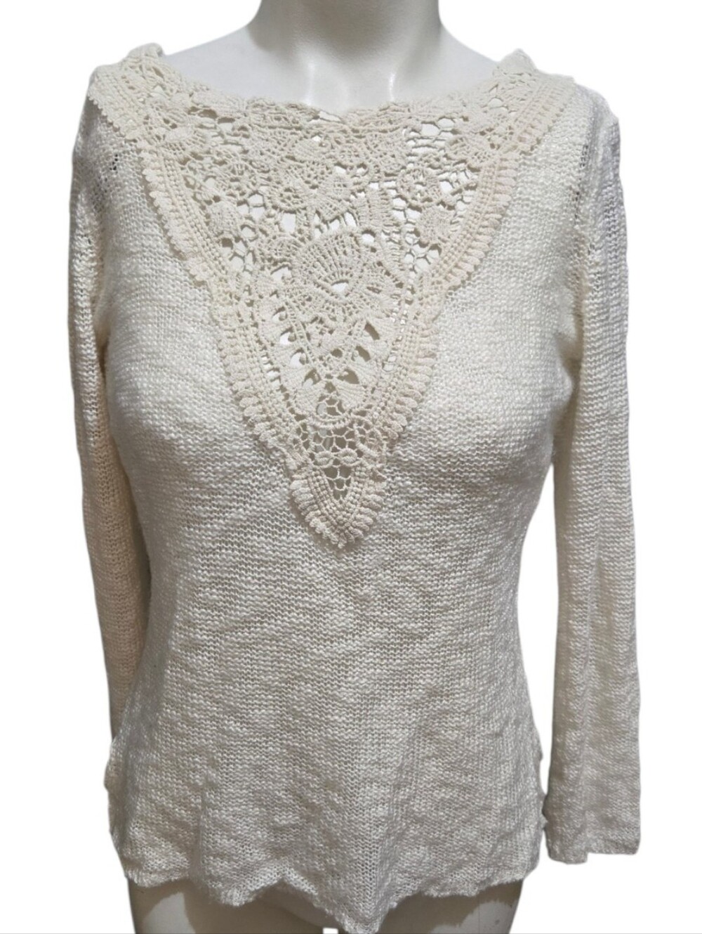 Pink Republic Ivory Crochet Lace Knit Sweater Women's XS Boho Long Sleeve